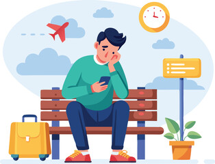 Man Waiting at Airport Cartoon Illustration: Traveler on Bench with Luggage, Phone, Flight Delay, Vector Graphic