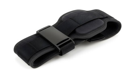 Wrist Brace for Support and Stability: This image is a high-angle view showcasing a black wrist brace. The brace features a supportive design, including a strap with a buckle to ensure a secure fit.