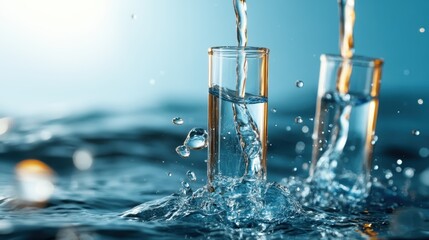 Two test tubes are partially submerged in water as liquid pours into them, creating dynamic splashes that highlight the essence of scientific experimentation and discovery.
