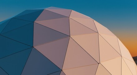 Abstract triangular dome structure against a blue and orange sky