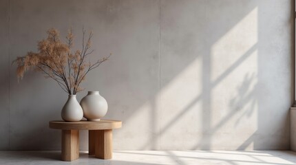 Wabi-sabi interior scene with raw cement wall in lavender-gray tone, wooden stool with milk-coffee-toned pottery and dried florals, soft daylight and shadows.