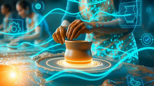 Handcrafting Pottery on Clay Wheel with Digital Overlay Representing Creative Art, Tradition, and Modern Craftsmanship

