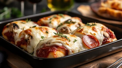A tempting tray of pepperoni rolls topped with melted cheese and fresh herbs, showcasing culinary delight and comfort food at its finest, perfect for any occasion.