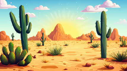 Desert landscape with cactus, rocky cliffs, and blue sky. cartoon background illustration.

