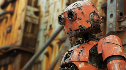Fototapeta premium Rusty Robot in Industrial Scenery: Post-Apocalyptic Sci-Fi Photography