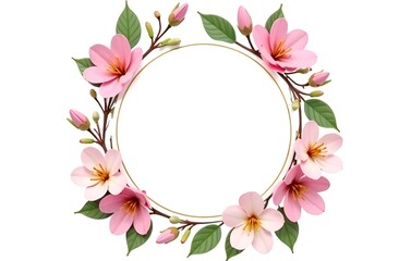 A beautiful wreath of pastel flowers, buds and twigs with leaves frames a white round label with free space for text