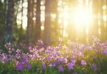 Fototapeta premium Sunlit Purple Flowers Blooming in Forest During Early Morning Glow