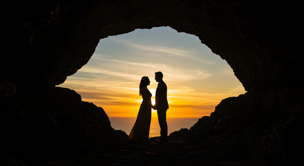 Fototapeta premium A couple in silhouette stands inside a rocky cave at golden hour sunset