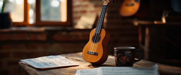 Ukulele on rustic table with music sheets and warm drink indoors