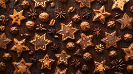 Festive Star-Shaped Cookies and Nuts on Wooden Table Surface