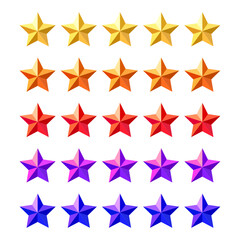 Colorful 3D 5 Stars Vector Rating Icon Set, Golden, Orange, Red, Purple and Blue star symbol isolated on white background