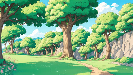 A sunlit landscape featuring a meandering path through a verdant field. Stylized trees with lush foliage and rocky outcrops are prominent features, all set against a backdrop of a clear blue sky.
