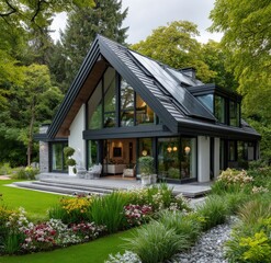 A modern house with solar panels on the roof, surrounded by lush greenery and trees. The home has large windows that allow natural light to fill every room, creating an inviting atmosphere.