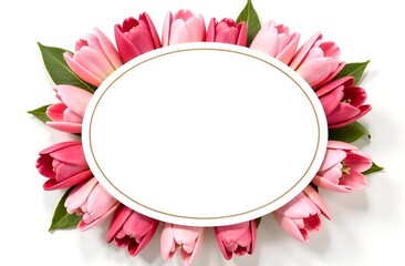 White oval label with an empty space for text framed by pink tulips