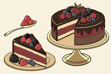 16 Photorealistic chocolate cake slice, mixed berries topping, raspberries, blackberries, blueberries, strawberries, gold cake stand, elegant dessert presentation, high-resolution, studio lighting, fo