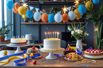 Bright Office Jubilee Celebrating Achievement with Cakes, Ribbons, and Streamers to Foster Togetherness