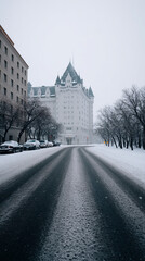 Obraz premium Snow-kissed fairy tale castle amidst quiet urban winter, evoking Yuletide serenity and Frost Maiden Festival enchantment