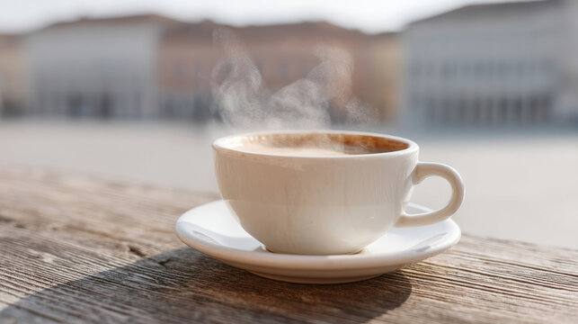 Steaming espresso on rustic table evokes cozy hygge vibes, serenading International Coffee Day and cherished Italian dolce far niente