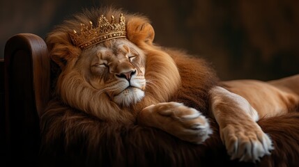 The image portrays a regal lion resting peacefully while adorned with a golden crown, capturing an essence of majesty and power in this tranquil moment.