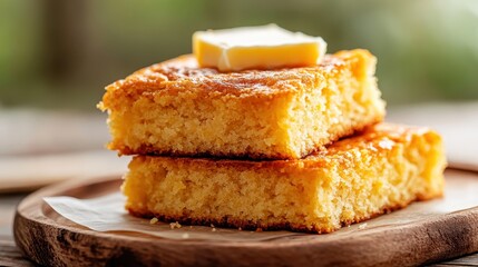 This image features a mouthwatering stack of golden cornbread topped with a pat of butter, perfect for capturing the essence of comfort food in a warm, inviting setting.