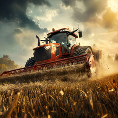 Fototapeta premium Harvesting action with tractor agricultural field photography rural environment low angle view farming concept