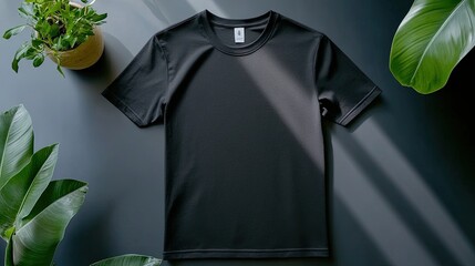 Flat lay view of a black t-shirt mockup on a black surface with deep shadows. 