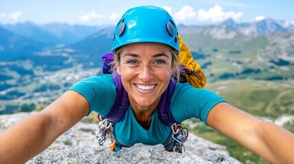 A woman wearing a blue helmet on top of a mountain