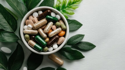A collection of colorful nutritional supplements arranged in a bowl, emphasizing health and wellness in a modern lifestyle surrounded by green foliage and a clean background.