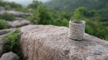 A bejeweled silver cuff rests on ancient boulder, echoing solstice rituals and Celtic midsummer night's whispers