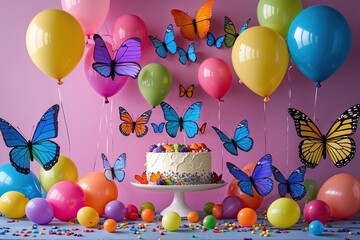 Colorful Butterflies and Balloons for a Joyous Celebration Backdrop