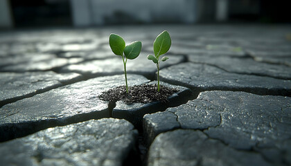 Plant emerging from pavement crack symbolizing growth resilience hope