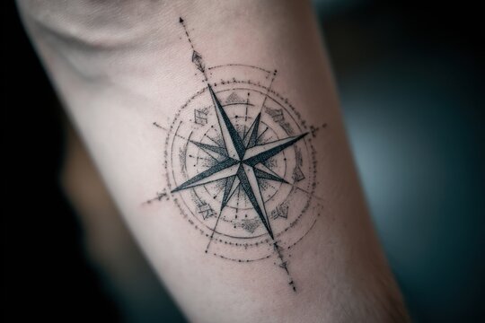 Delicate compass tattoo design on a human forearm.