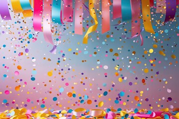 Fototapeta premium Colorful Confetti and Ribbons Showering Over a Joyful Pastel Celebration Backdrop