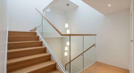 Fototapeta premium Modern staircase with wooden steps and glass railing in bright interior setting
