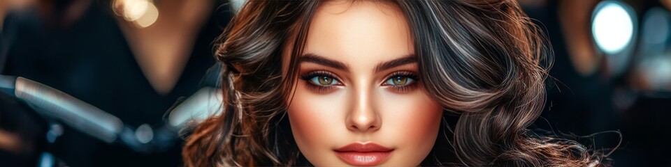 Fototapeta premium Gorgeous Woman With Long Flowing Hair Has Makeup Applied At Beauty Salon For Night Out
