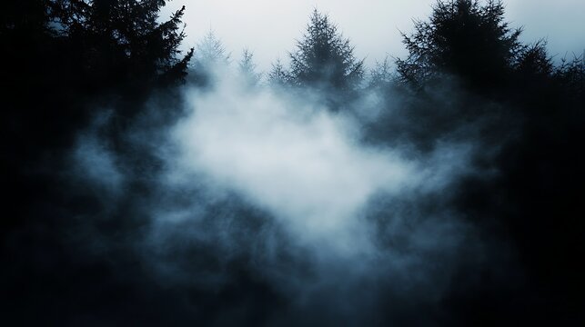 Dark Forest Landscape with Thick Fog and Blueish Mist