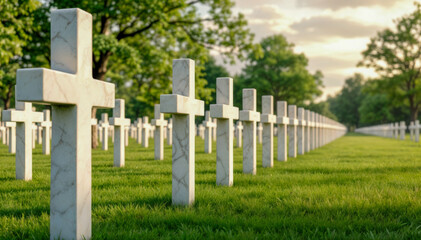 A respectful hyperrealistic scene at a military cemetery with rows of white marble crosses aligned on green grass under soft sunlight