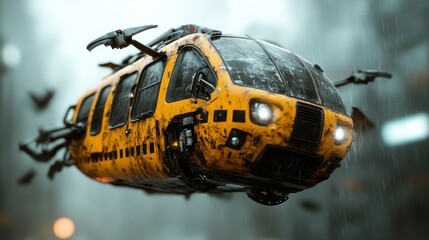 A flying yellow transport vehicle moves through a misty urban backdrop, highlighting futuristic design and innovation in personal transportation within a cyberpunk city atmosphere.