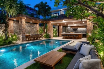 the back garden and pool area at night, taken from inside a villa in Bali with brick walls and green grass, tropical plants, blue lighting, a modern kitchen