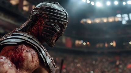 A fierce gladiator with a battle-worn helmet stares down in an ancient arena, evoking themes of bravery, strength, and the raw intensity of historical combat.