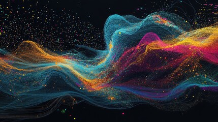 High-speed data streams forming animated line graphs across screen array