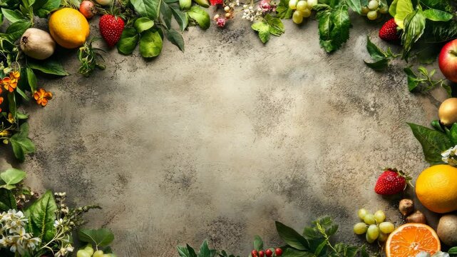 Vibrant fruits, flowers, and greenery form a border around a textured, neutral background, ideal for culinary or health-related designs