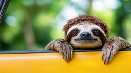 Naklejka premium A charming sloth with big eyes leans out of a vibrant yellow car window, showcasing its playful personality and inviting charm in a natural setting.