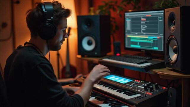 Music producer using a MIDI keyboard and headphones in a home studio setup