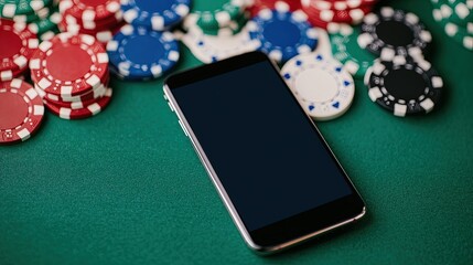 Online poker concept with smartphone and poker chips on a rich green background. 