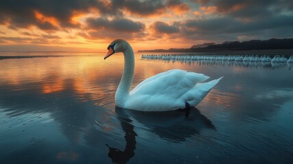 Fototapeta premium Majestic Swan and Flock at Golden Hour Sunset swan flock sunset majestic bird wildlife animal group