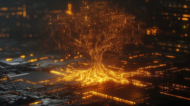 Machine learning concept shown as a glowing algorithm tree rooted in code blocks