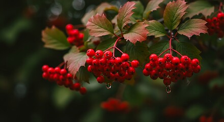 Obraz premium Glossy red Rowan berries, autumn foliage, natural setting, seasonal fruit, decorative branch.
