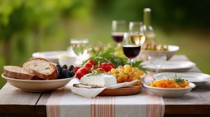 Slow living rural. A rustic outdoor table set with bread, cheese, grapes, tomatoes, wine, and fruit, surrounded by greenery, ready for an elegant picnic or garden meal.