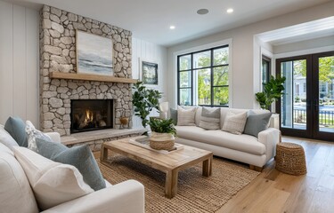 an open concept living room with white walls, dark wood floors and fireplace in new construction home in the suburbs